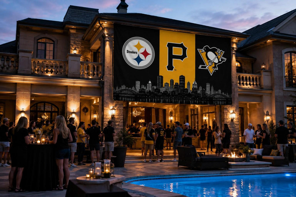 Pittsburgh Sports Banner | Steelers Pirates Penguins Banner | Pittsburgh Skyline Wall Decor | Man Cave Garage Decor Gift
