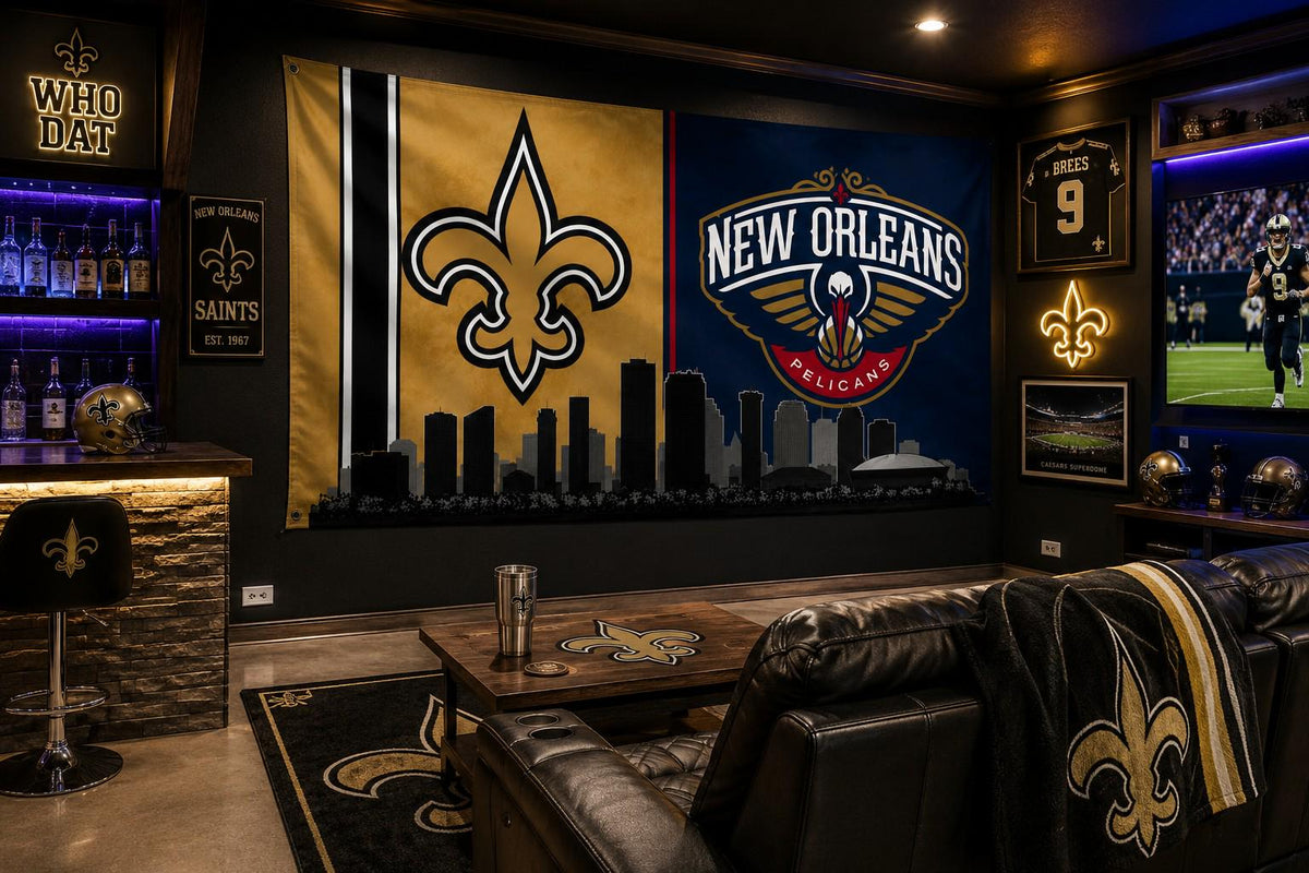 New Orleans Saints Pelicans Flag, New Orleans Sports Banner, Saints Wall Decor, Fan Cave Flag, Game Room Decor, Skyline Flag