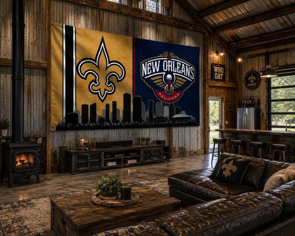 New Orleans Saints Pelicans Flag, New Orleans Sports Banner, Saints Wall Decor, Fan Cave Flag, Game Room Decor, Skyline Flag