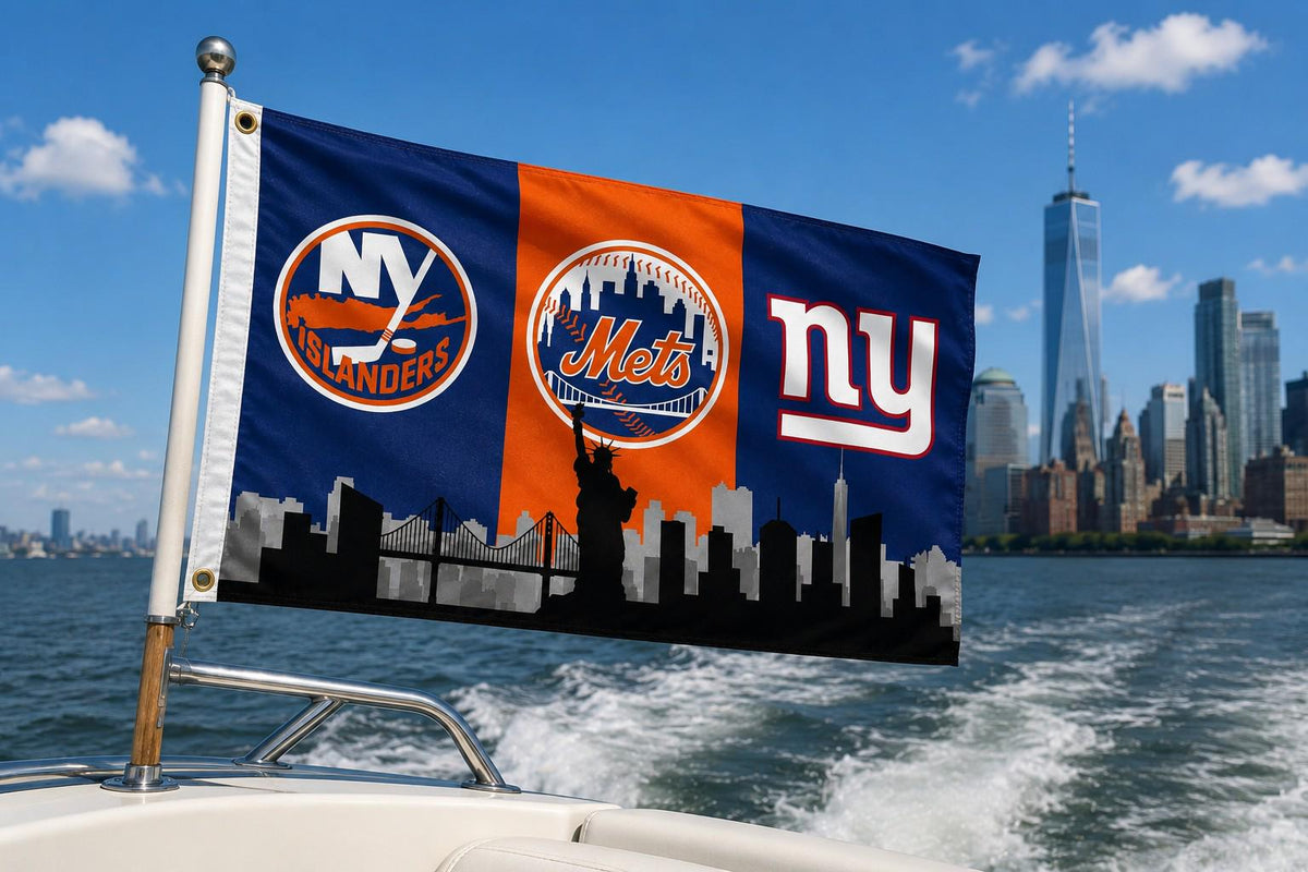 New York Sports Flag, Giants Mets Islanders Flag, NYC Skyline Flag, New York Fan Cave Decor, NY Wall Banner, Tailgate Gift