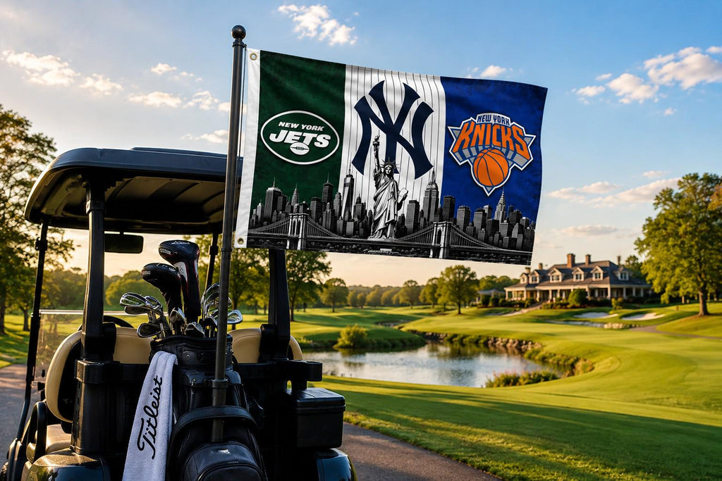 New York Sports Flag, Jets Yankees Knicks Flag, NYC Skyline Flag, New York Fan Gift, Mancave Decor, Banner, Garden Flag