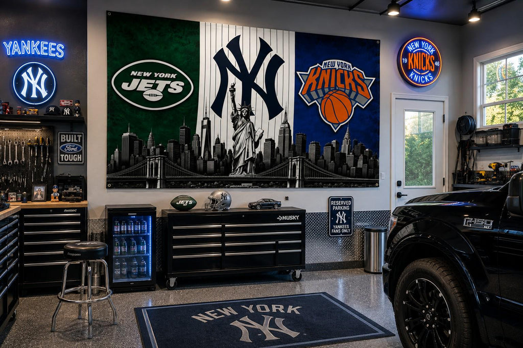 New York Sports Flag, Jets Yankees Knicks Flag, NYC Skyline Flag, New York Fan Gift, Mancave Decor, Banner, Garden Flag