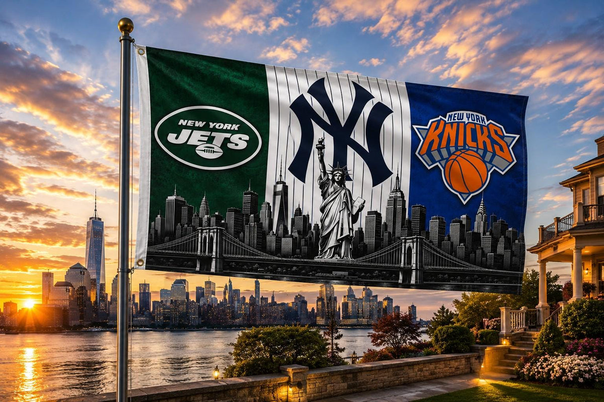 New York Sports Flag, Jets Yankees Knicks Flag, NYC Skyline Flag, New York Fan Gift, Mancave Decor, Banner, Garden Flag