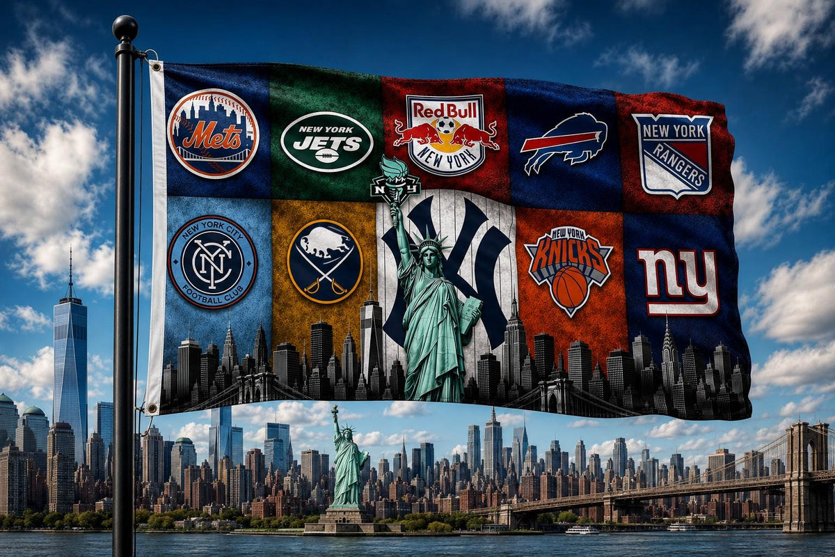 New York Sports Flag | NYC Skyline Flag | New York Fan Cave Decor | NY Sports Wall Flag | Mancave Flag | Gift for New York Fans