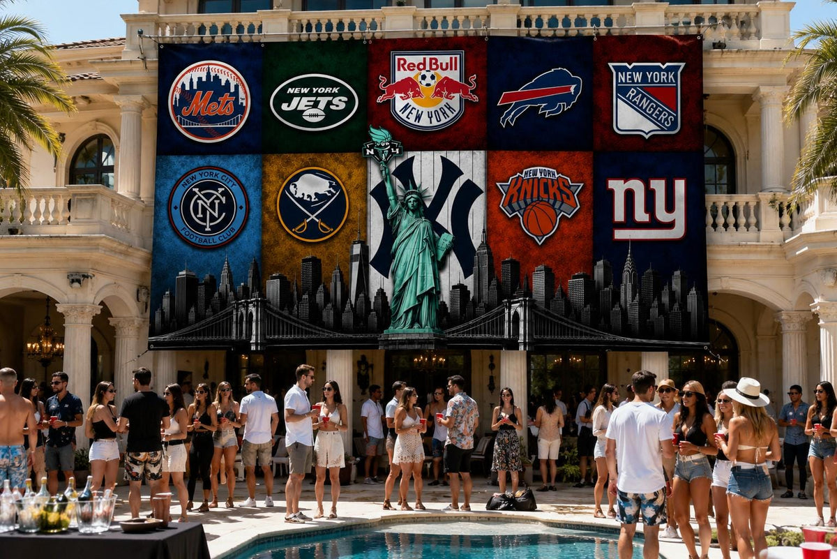 New York Sports Flag | NYC Skyline Flag | New York Fan Cave Decor | NY Sports Wall Flag | Mancave Flag | Gift for New York Fans
