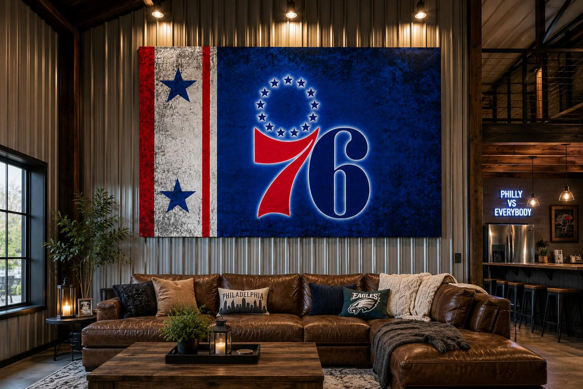 Philadelphia 76ers Flag, Patriotic Philly Basketball Mancave Decor, Boat Flag, Golf Cart Flag, Garden Flag, Large Banner