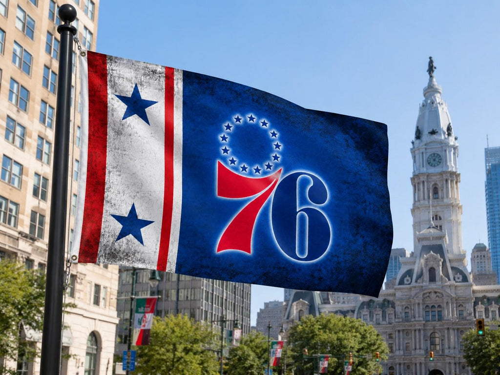 Philadelphia 76ers Flag, Patriotic Philly Basketball Mancave Decor, Boat Flag, Golf Cart Flag, Garden Flag, Large Banner