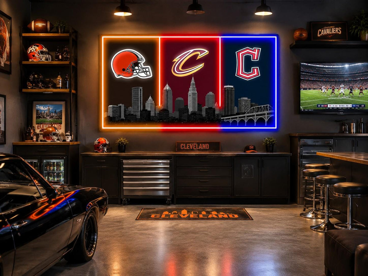 Cleveland skyline LED wall sign with orange, red and blue lighting, shown above cabinets in a garage mockup.