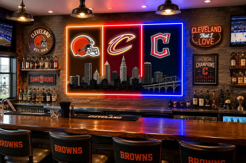 Cleveland skyline LED wall sign with Browns, Cavaliers and Guardians designs, shown in a home bar mockup.