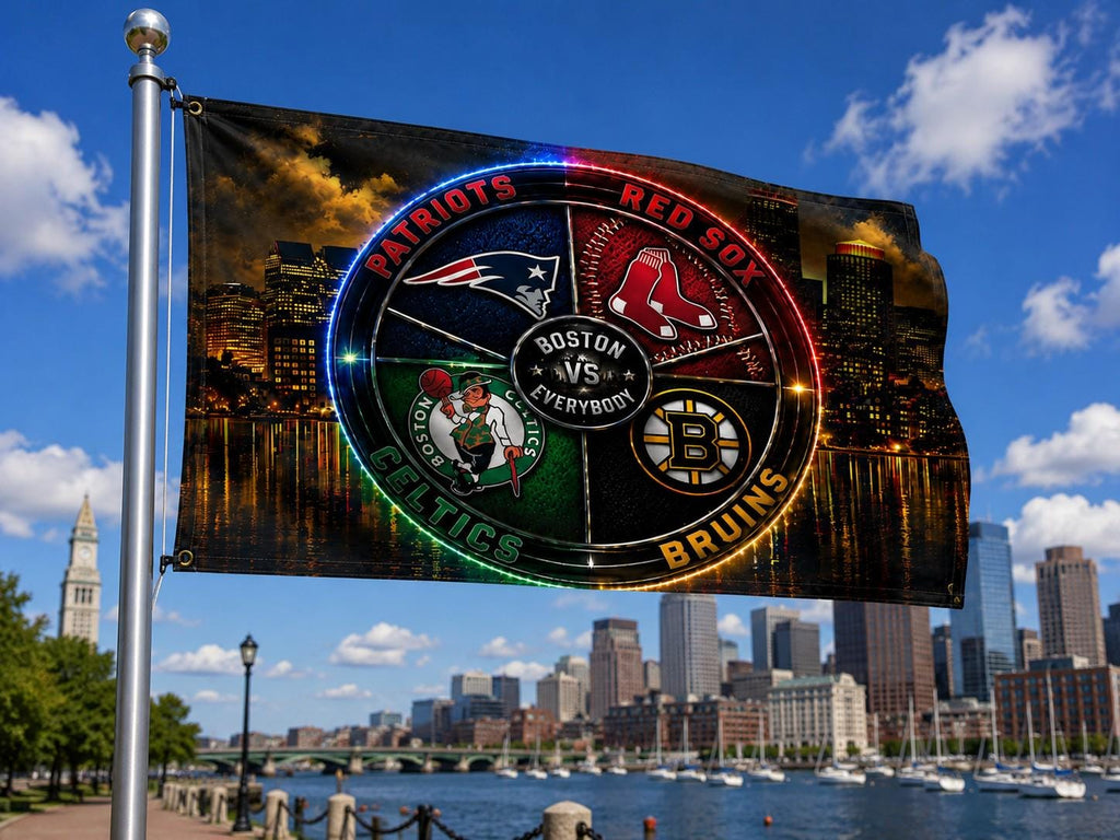 Boston Sports Flag, Boston Vs Everybody Flag, Patriots Red Sox Celtics Bruins Inspired Flag, Boston Skyline Mancave Garage Banner