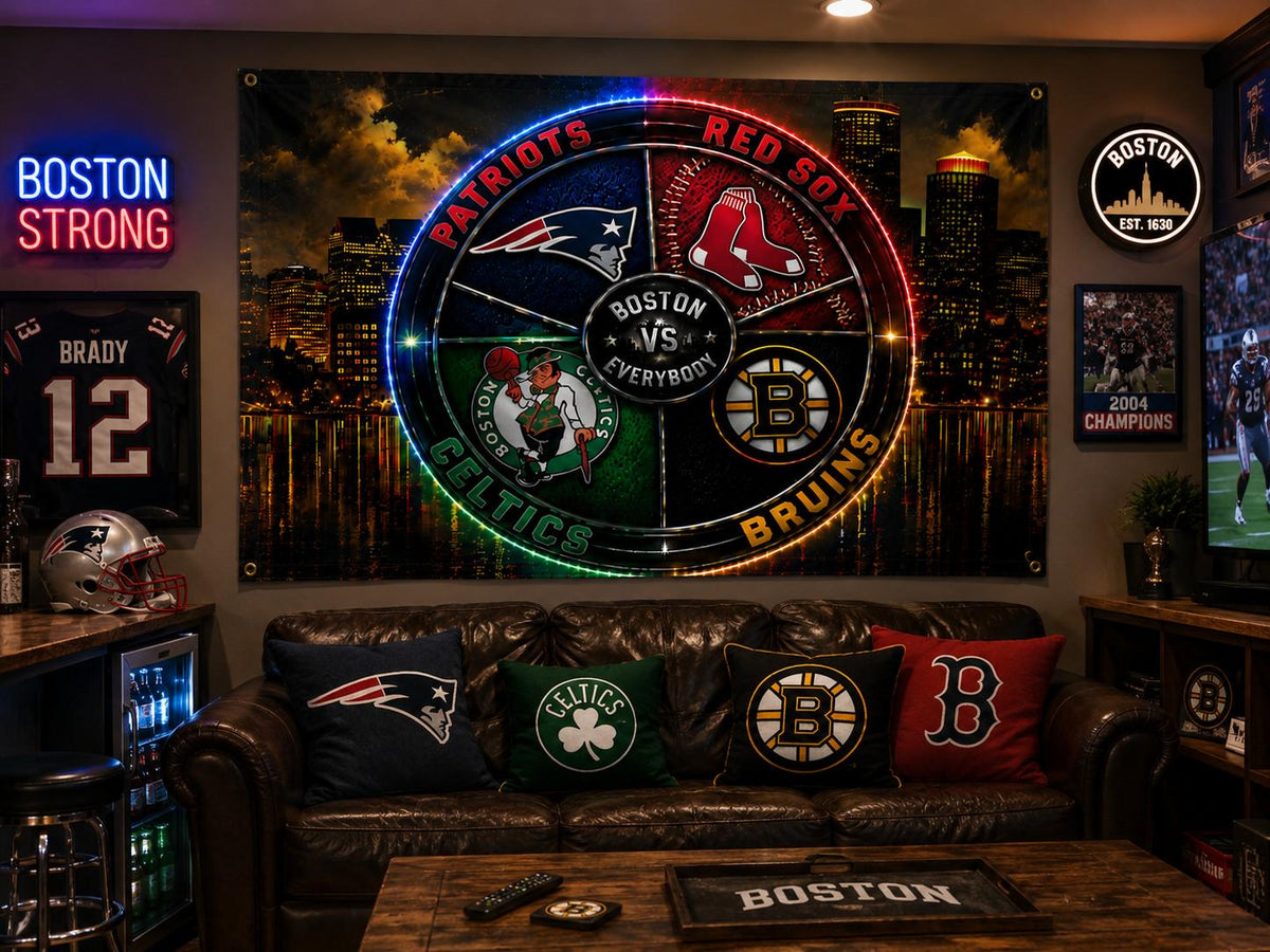 Boston Sports Flag, Boston Vs Everybody Flag, Patriots Red Sox Celtics Bruins Inspired Flag, Boston Skyline Mancave Garage Banner