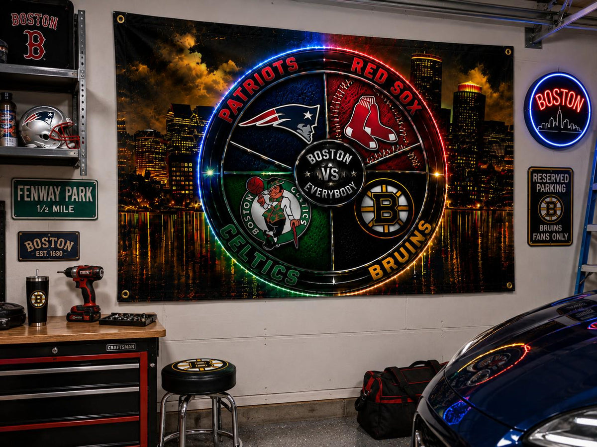 Boston Sports Flag, Boston Vs Everybody Flag, Patriots Red Sox Celtics Bruins Inspired Flag, Boston Skyline Mancave Garage Banner