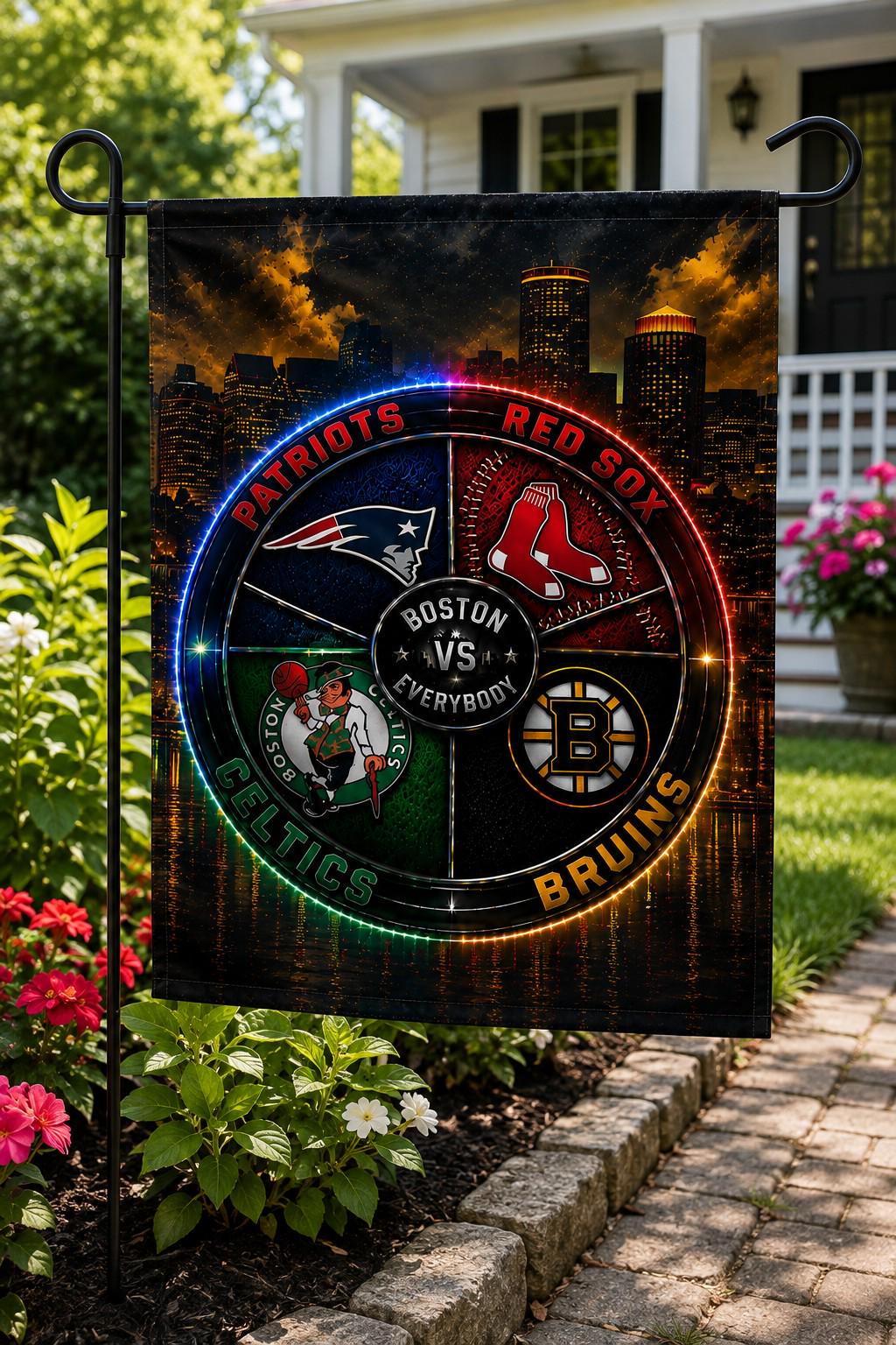 Boston Sports Flag, Boston Vs Everybody Flag, Patriots Red Sox Celtics Bruins Inspired Flag, Boston Skyline Mancave Garage Banner