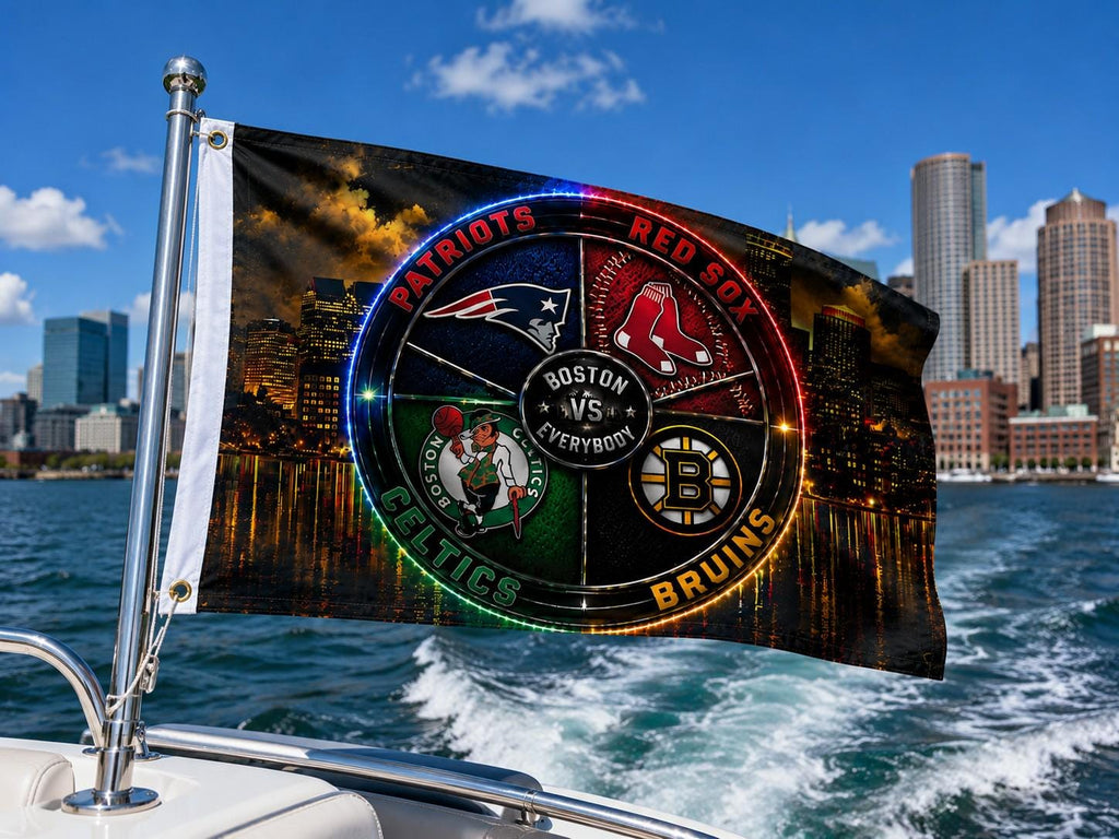 Boston Sports Flag, Boston Vs Everybody Flag, Patriots Red Sox Celtics Bruins Inspired Flag, Boston Skyline Mancave Garage Banner
