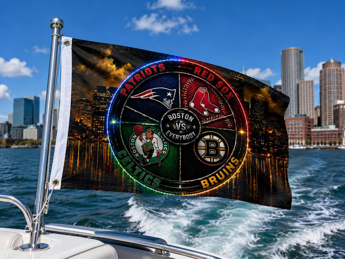 Boston Sports Flag, Boston Vs Everybody Flag, Patriots Red Sox Celtics Bruins Inspired Flag, Boston Skyline Mancave Garage Banner