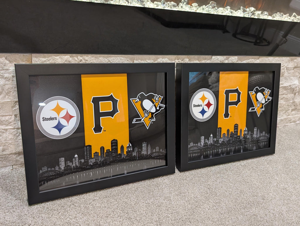 Pittsburgh Sports Banner | Steelers Pirates Penguins Banner | Pittsburgh Skyline Wall Decor | Man Cave Garage Decor Gift