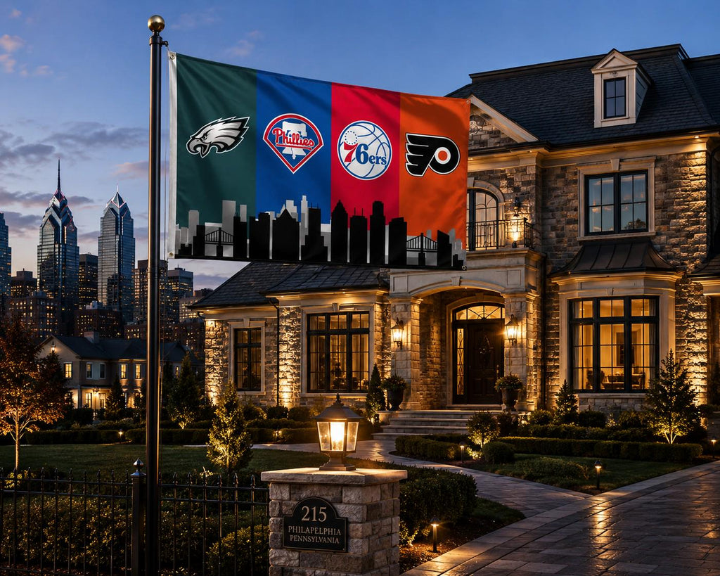 Philadelphia Sports Flag, Eagles Phillies 76ers Flyers Flag, Philly Skyline Mancave Garage Wall Decor, Philadelphia Sports Gift