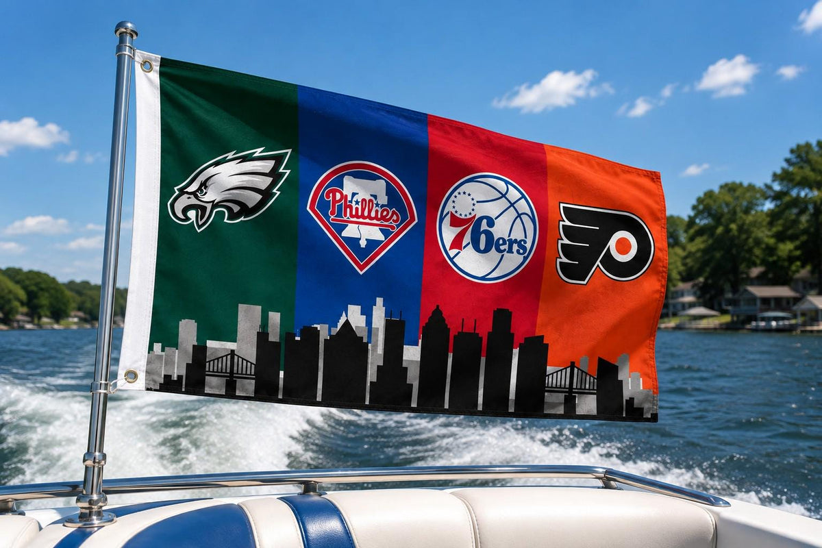 Philadelphia Sports Flag, Eagles Phillies 76ers Flyers Flag, Philly Skyline Mancave Garage Wall Decor, Philadelphia Sports Gift