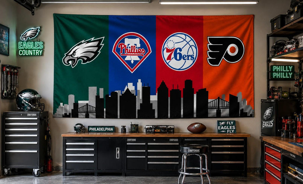 Philadelphia Sports Flag, Eagles Phillies 76ers Flyers Flag, Philly Skyline Mancave Garage Wall Decor, Philadelphia Sports Gift
