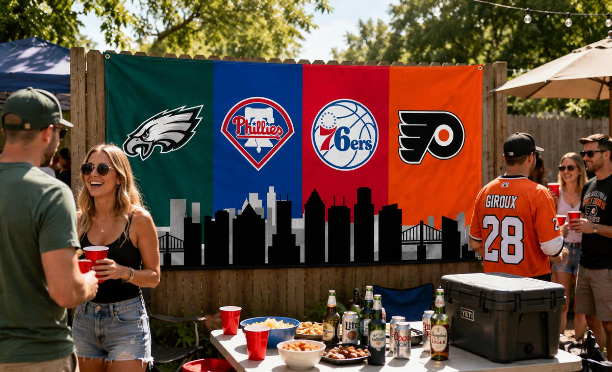 Philadelphia Sports Flag, Eagles Phillies 76ers Flyers Flag, Philly Skyline Mancave Garage Wall Decor, Philadelphia Sports Gift