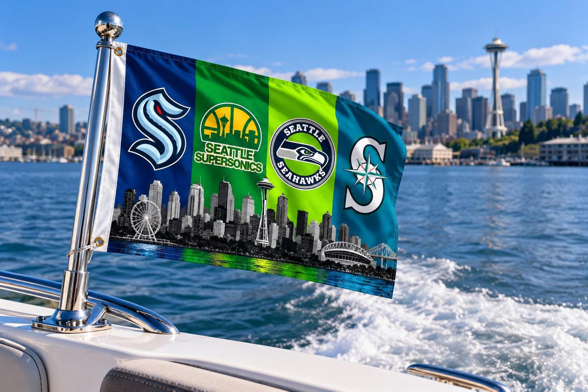 Seattle Sports Flag, Seahawks Mariners Kraken Supersonics Flag, Seattle Skyline Flag, Seattle Man Cave Decor, Seattle Sports Gift