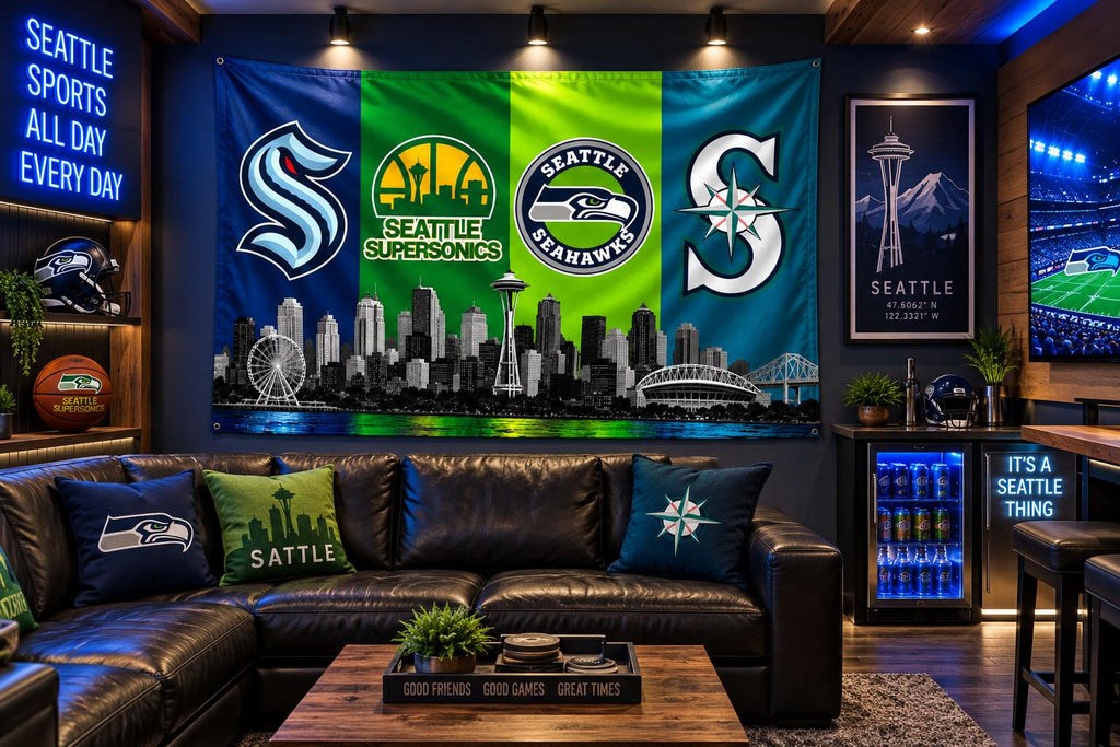 Seattle Sports Flag, Seahawks Mariners Kraken Supersonics Flag, Seattle Skyline Flag, Seattle Man Cave Decor, Seattle Sports Gift