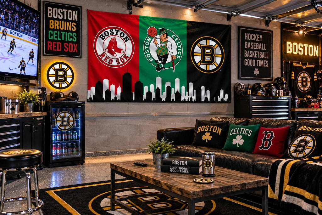 Boston Sports Flag, Red Sox Celtics Bruins Flag, Boston Skyline Flag, Boston Mancave Decor, Massachusetts Sports Fan Gift