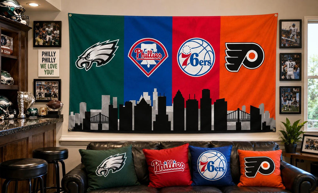 Philadelphia Sports Flag, Eagles Phillies 76ers Flyers Flag, Philly Skyline Mancave Garage Wall Decor, Philadelphia Sports Gift