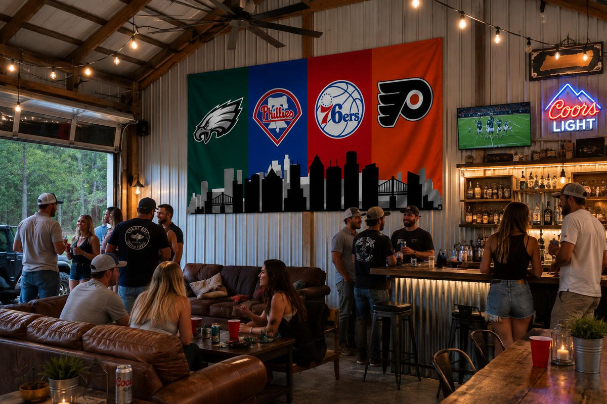 Philadelphia Sports Flag, Eagles Phillies 76ers Flyers Flag, Philly Skyline Mancave Garage Wall Decor, Philadelphia Sports Gift