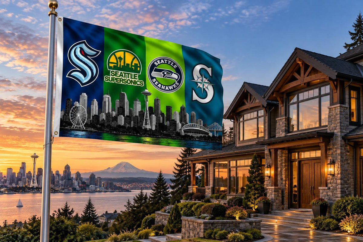 Seattle Sports Flag, Seahawks Mariners Kraken Supersonics Flag, Seattle Skyline Flag, Seattle Man Cave Decor, Seattle Sports Gift