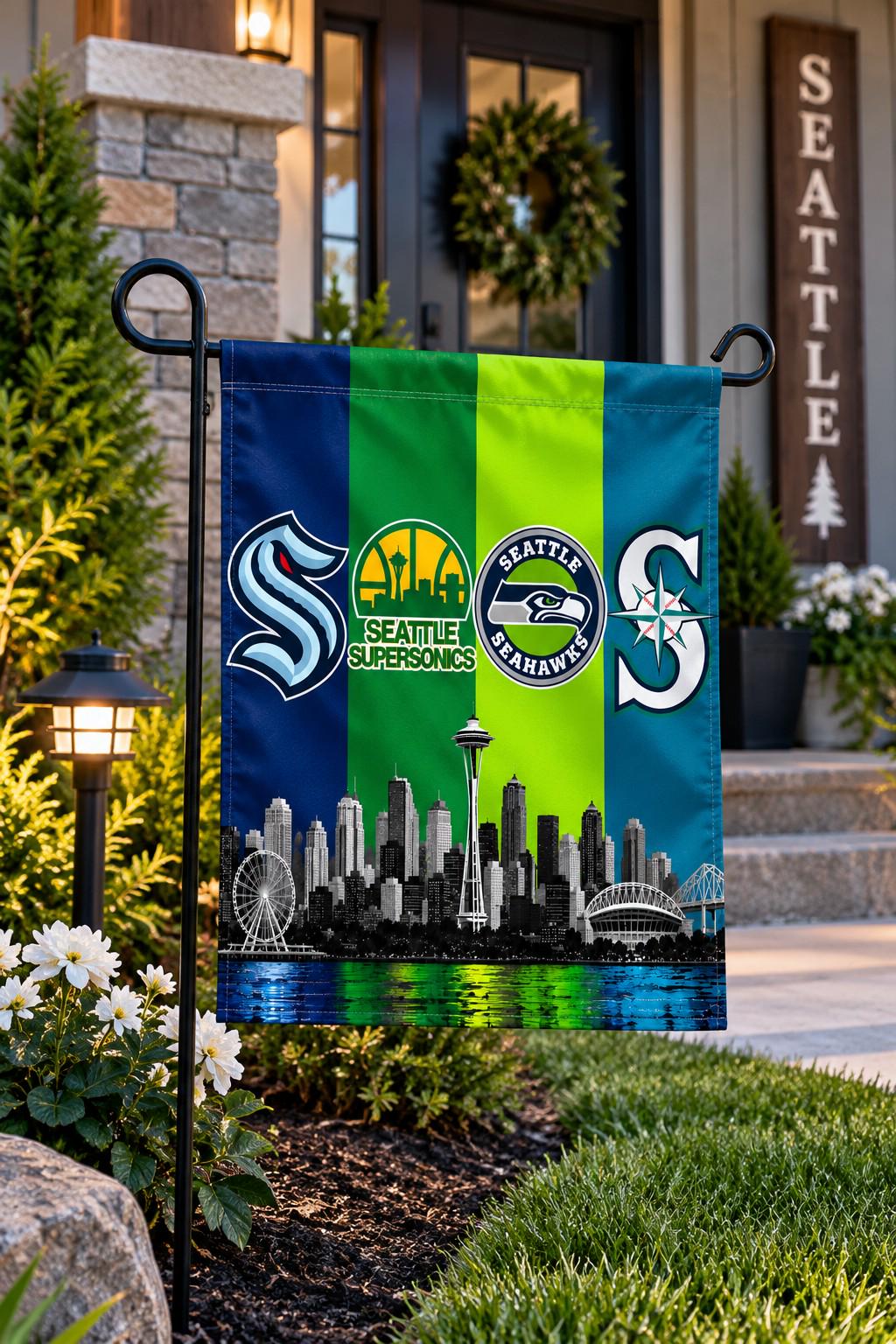 Seattle Sports Flag, Seahawks Mariners Kraken Supersonics Flag, Seattle Skyline Flag, Seattle Man Cave Decor, Seattle Sports Gift