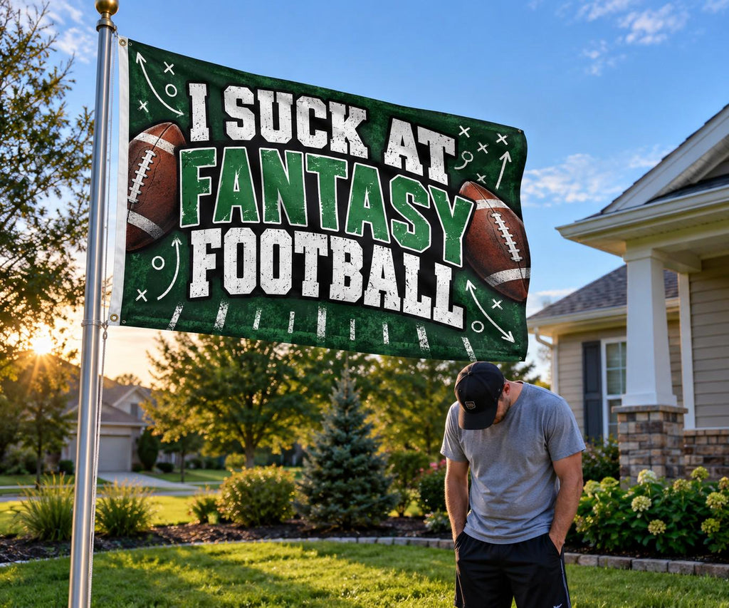 I Suck at Fantasy Football Flag, Fantasy Football Loser Punishment Banner, Funny Draft League Gift, Last Place Trophy, Mancave Decor