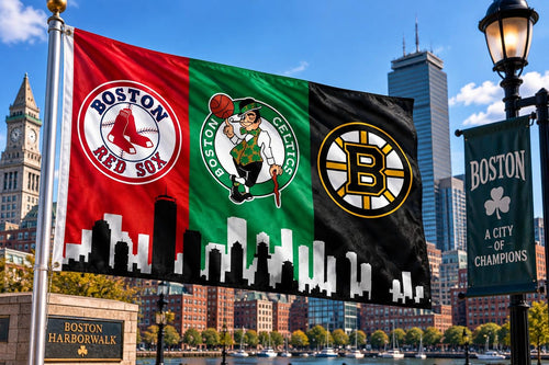 Boston Sports Flag, Red Sox Celtics Bruins Flag, Boston Skyline Flag, Boston Mancave Decor, Massachusetts Sports Fan Gift