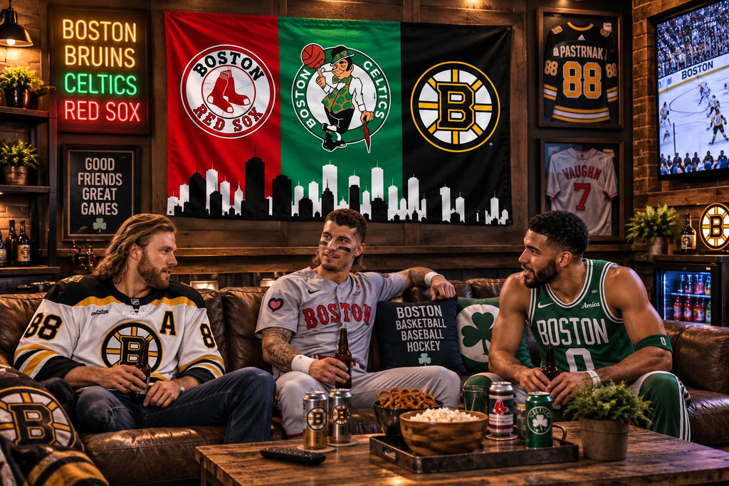 Boston Sports Flag, Red Sox Celtics Bruins Flag, Boston Skyline Flag, Boston Mancave Decor, Massachusetts Sports Fan Gift
