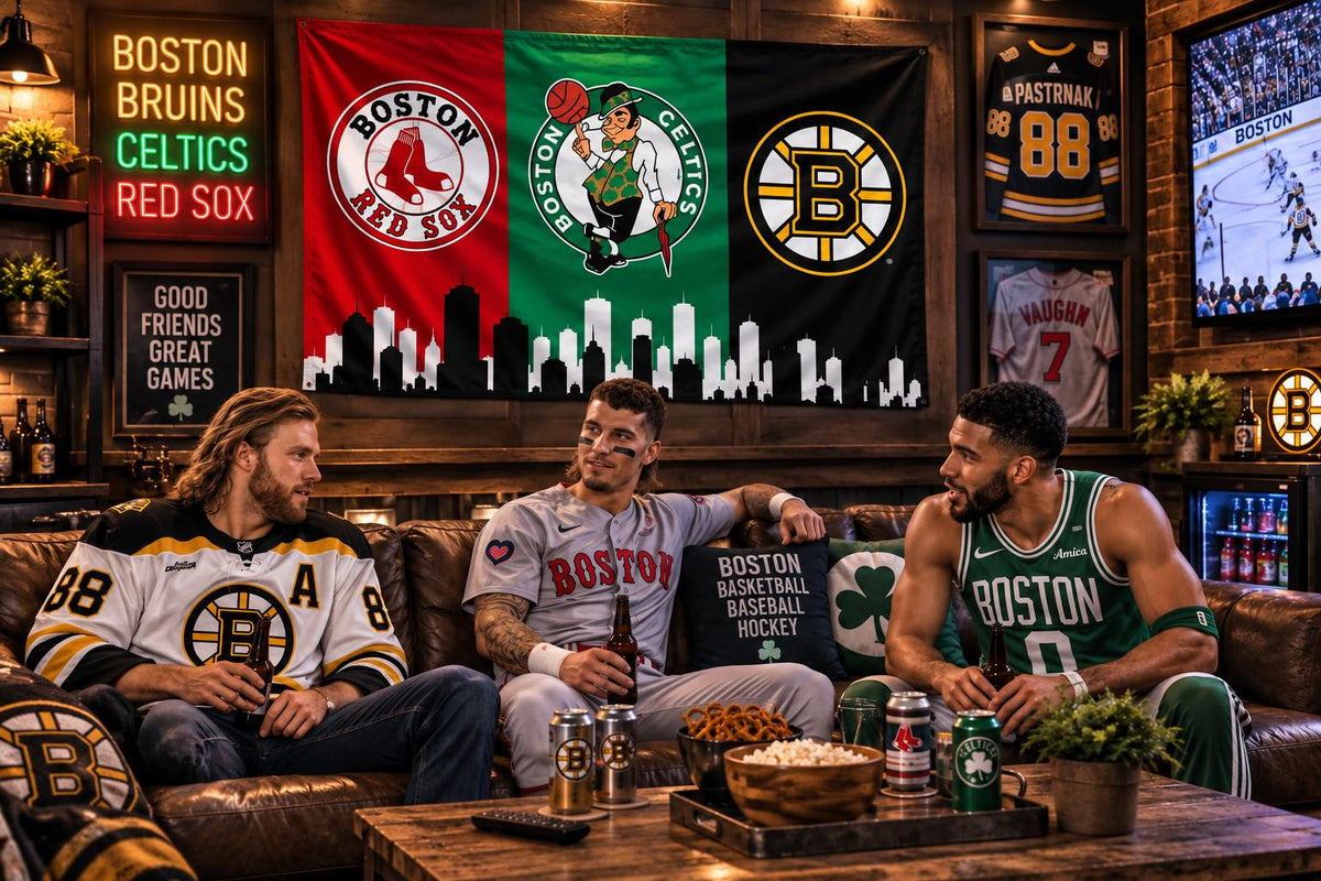 Boston Sports Flag, Red Sox Celtics Bruins Flag, Boston Skyline Flag, Boston Mancave Decor, Massachusetts Sports Fan Gift