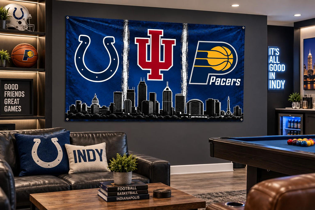 Indianapolis/ Indiana Sports Fans Skyline Flag | Indianapolis Sports Flag | Colts Pacers Banner | Indiana Mancave Decor | Indy Wall Flag