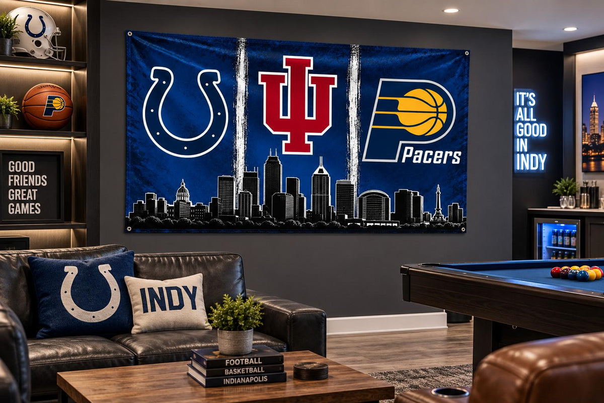 Indianapolis/ Indiana Sports Fans Skyline Flag | Indianapolis Sports Flag | Colts Pacers Banner | Indiana Mancave Decor | Indy Wall Flag