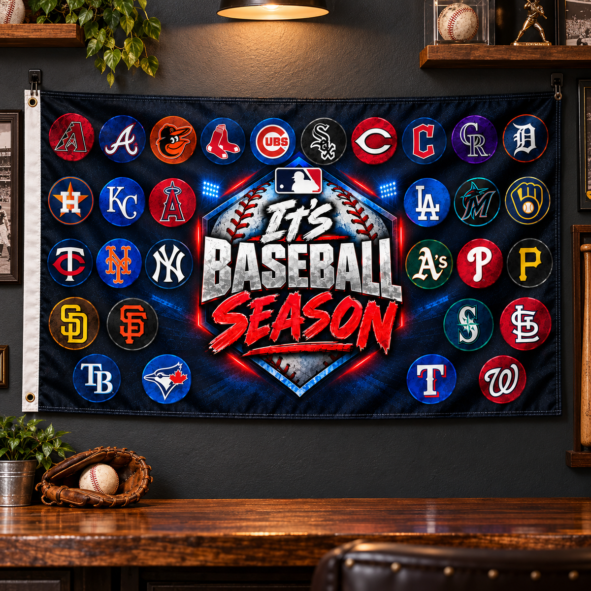 Realistic product mockup of the 3×5 baseball team collage fabric flag hanging on a game room wall.