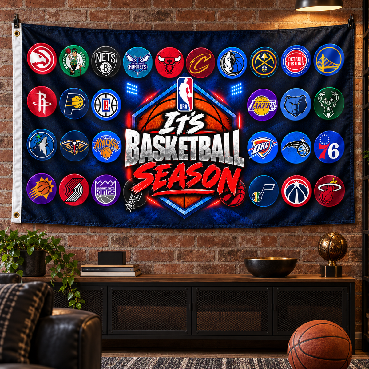 Realistic product mockup of the 3×5 basketball team collage fabric flag hanging on a game room wall.
