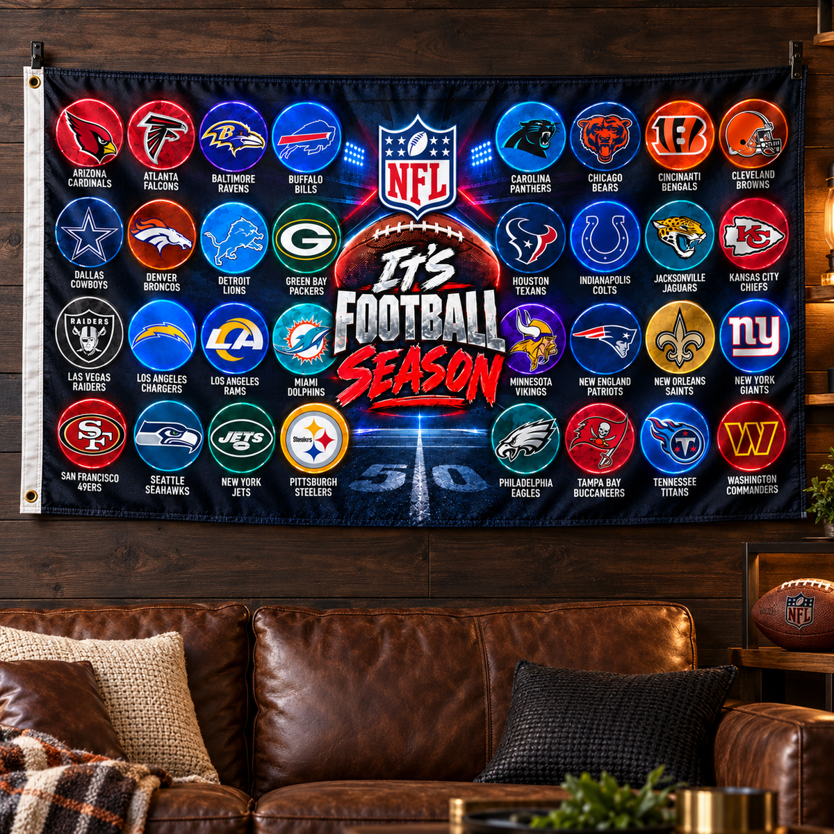 Realistic product mockup of the 3×5 football team collage fabric flag hanging on a game room wall.
