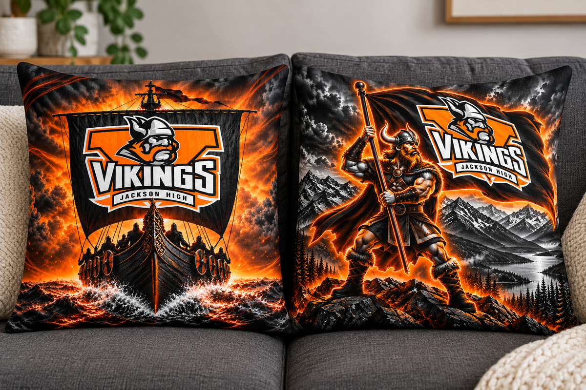Product mockup showing Viking Ship and Orange Glowing Viking pillow cover choices
