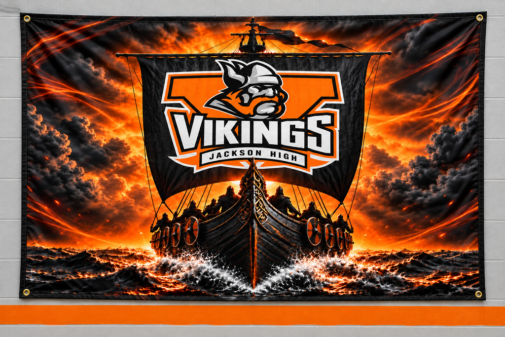 Product mockup of the Jackson High Viking Ship banner