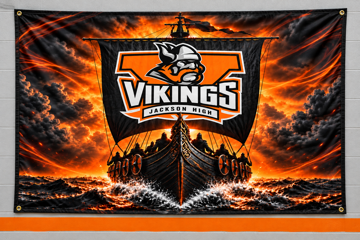 Product mockup of the Jackson High Viking Ship banner