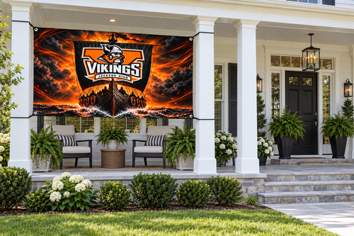 Jackson Vikings 4 by 8 foot banner tied through four corner grommets between porch pillars, beside an unobstructed entrance