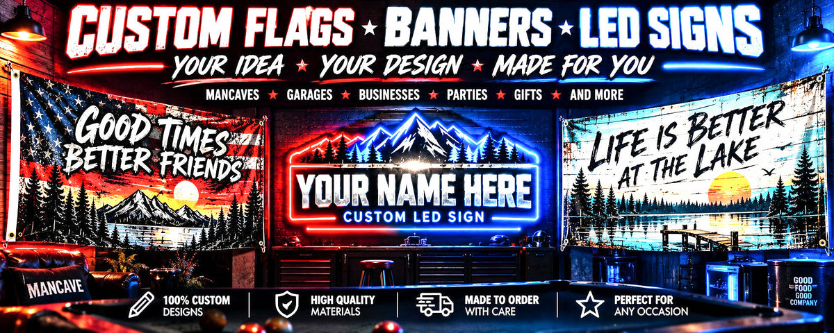 DusignsByDusty custom flags, banners and LED signs in a garage artwork preview, with lake and mountain designs.