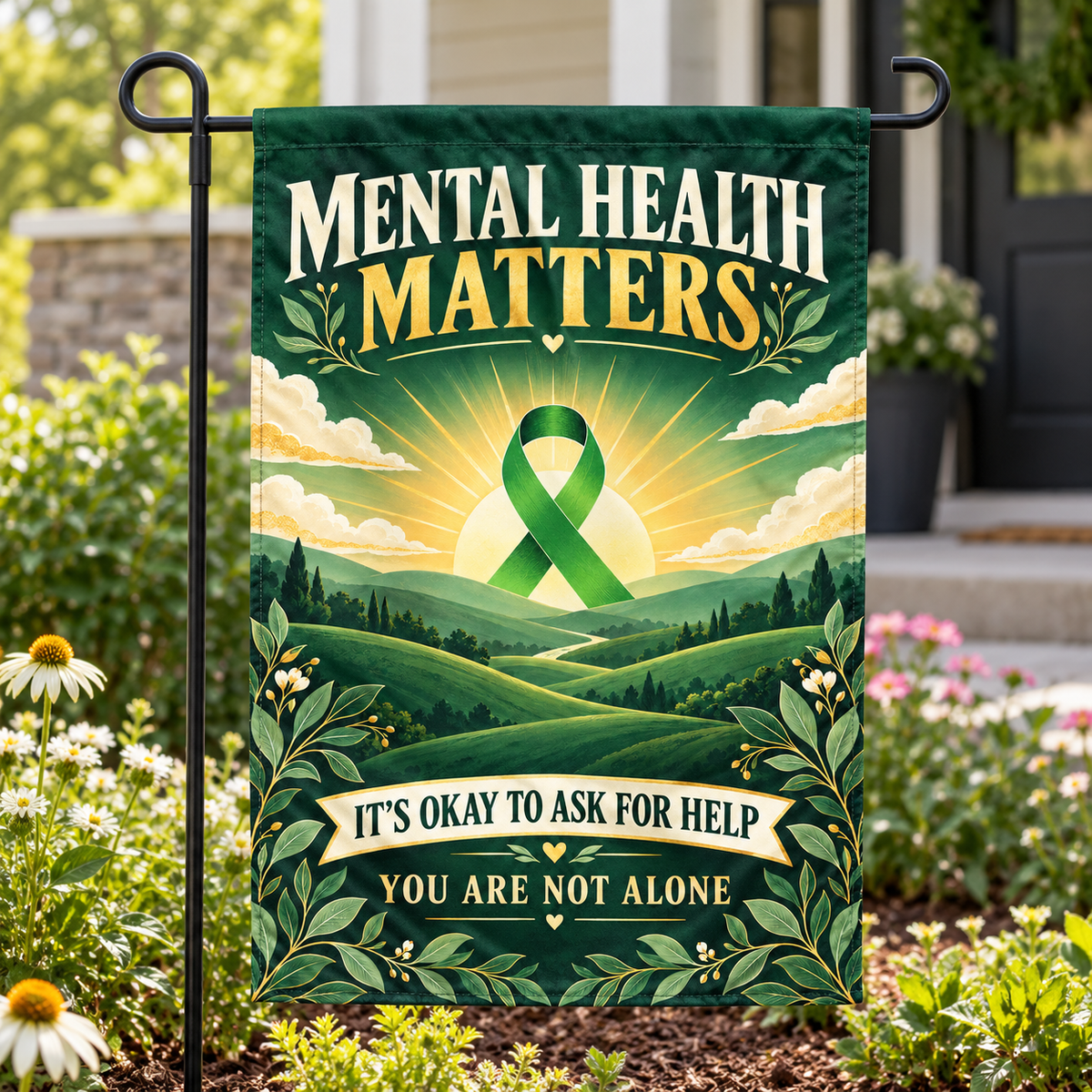 Realistic product mockup of Mental Health Matters Garden Flag | Green Ribbon Awareness displayed on a garden flag stand beside a porch.