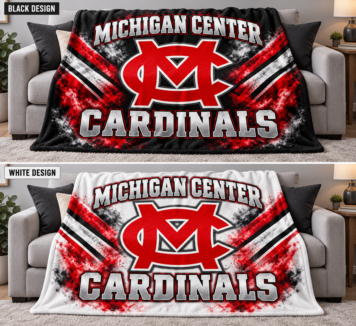 Michigan Center Cardinals Black Design (top) and White Design (bottom) — choose one blanket