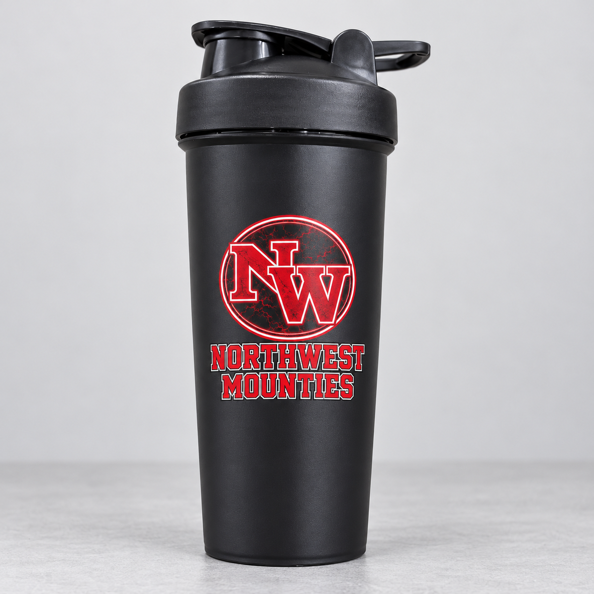 Northwest Mounties black shaker cup — one cup shown from the bulk pack of 120