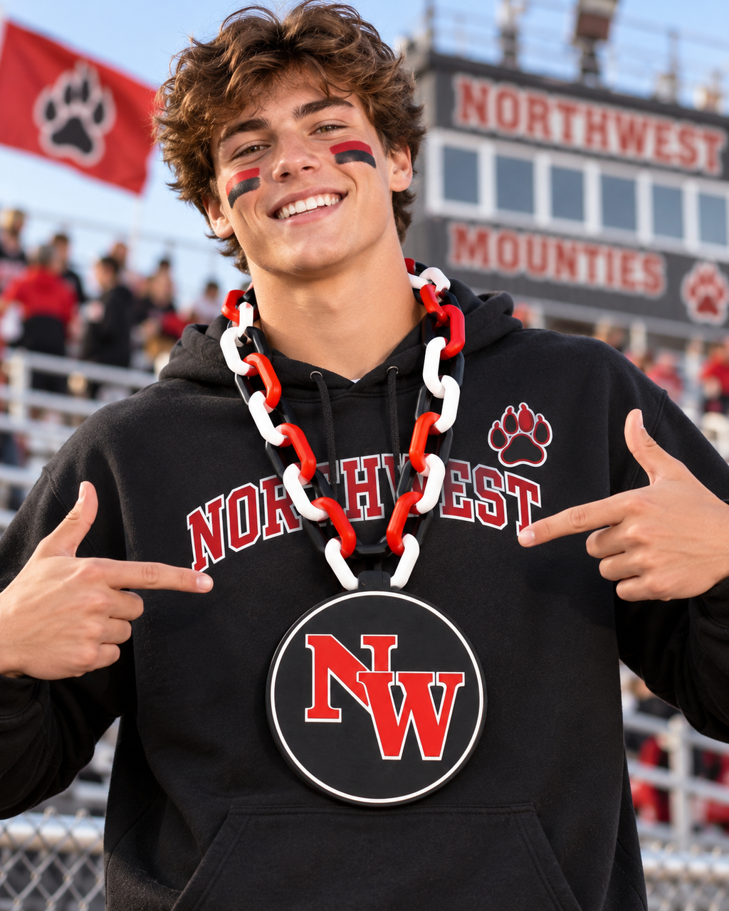 AI-generated lifestyle illustration of a fan wearing the Northwest Mounties hype chain; not a customer photo. Refer to actual product photo for design details.