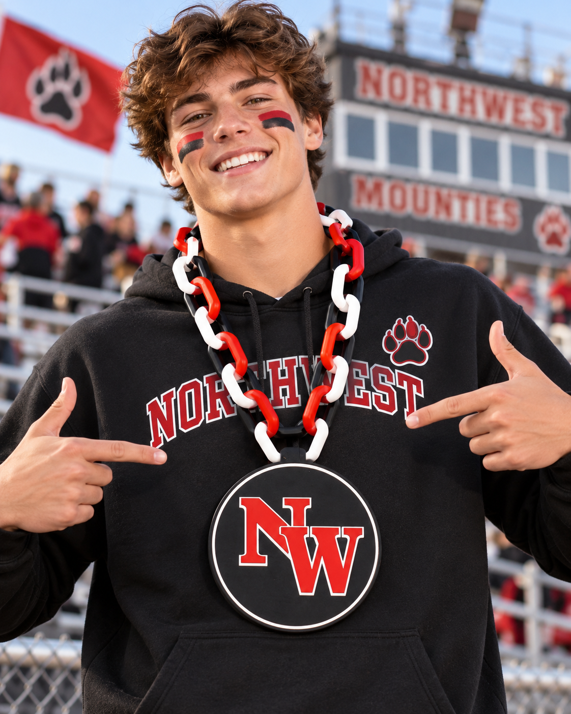 AI-generated lifestyle illustration of a fan wearing the Northwest Mounties hype chain; not a customer photo. Refer to actual product photo for design details.